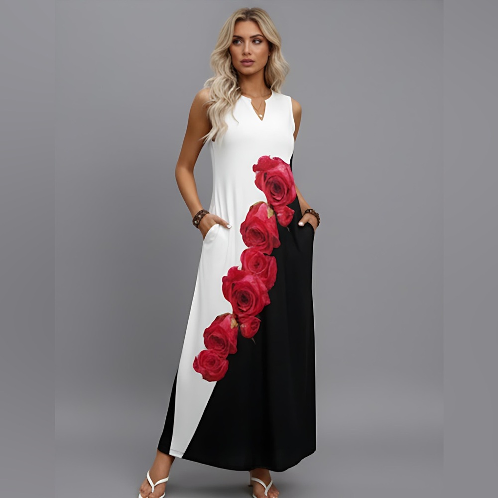 Black/White Floral Maxi Dress With Pockets